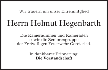 Traueranzeige von Helmut Hegenbarth von merkurtz