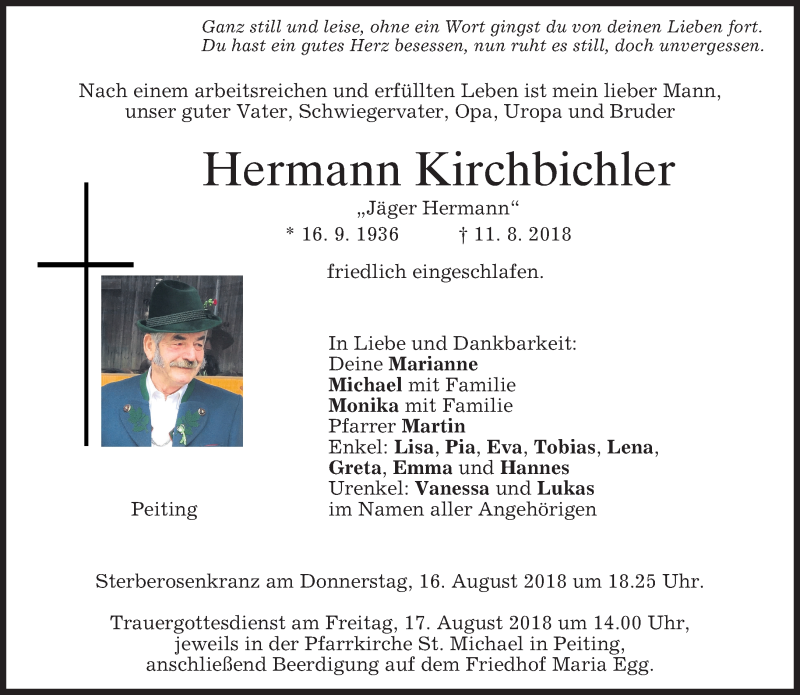 Traueranzeige für Hermann Kirchbichler vom 14.08.2018 aus merkurtz