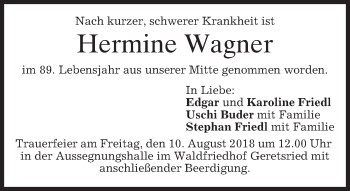 Traueranzeige von Hermine Wagner von merkurtz