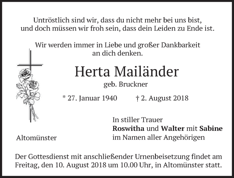  Traueranzeige für Herta Mailänder vom 07.08.2018 aus merkurtz