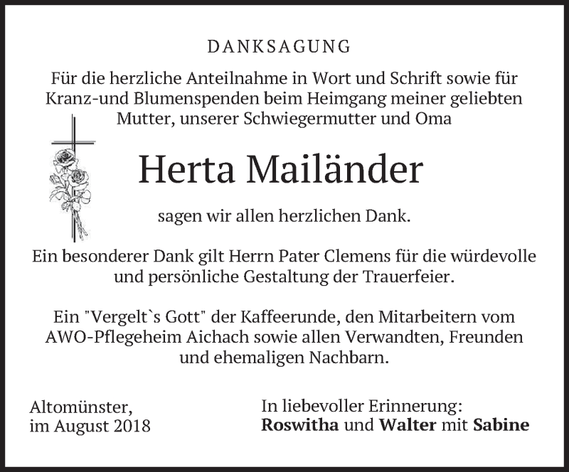  Traueranzeige für Herta Mailänder vom 18.08.2018 aus merkurtz