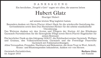 Traueranzeige von Hubert Glatz von merkurtz