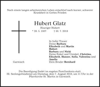 Traueranzeige von Hubert Glatz von merkurtz