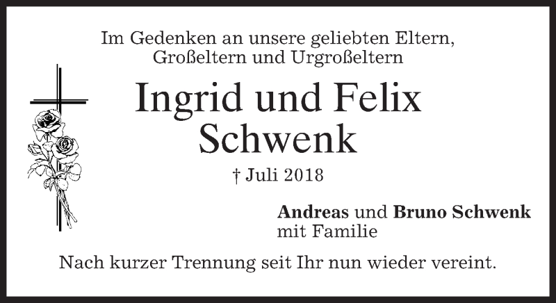  Traueranzeige für Ingrid und Felix Schwenk vom 08.08.2018 aus merkurtz