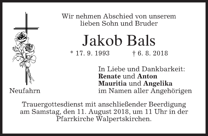 Traueranzeige für Jakob Bals vom 10.08.2018 aus merkurtz