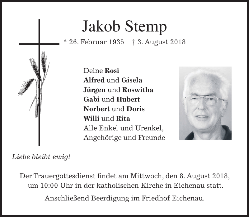  Traueranzeige für Jakob Stemp vom 07.08.2018 aus merkurtz