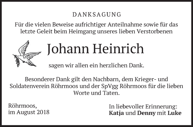  Traueranzeige für Johann Heinrich vom 18.08.2018 aus merkurtz