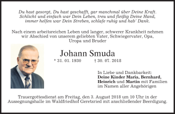 Traueranzeige von Johann Smuda von merkurtz