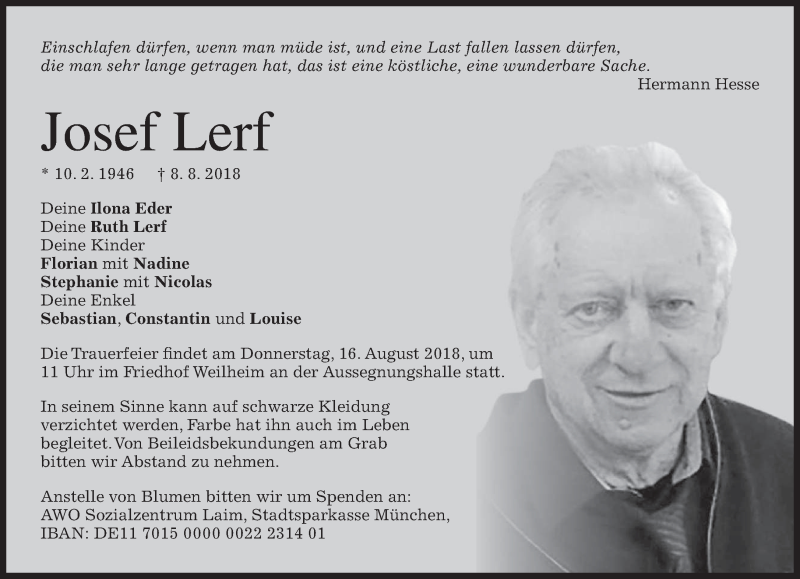  Traueranzeige für Josef Lerf vom 11.08.2018 aus merkurtz