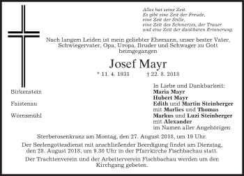 Traueranzeige von Josef Mayr von merkurtz