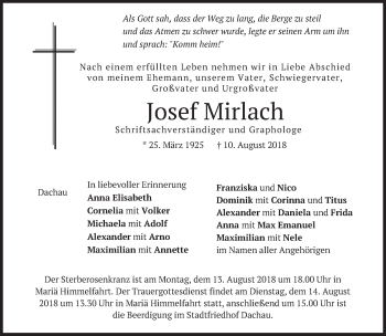 Traueranzeige von Josef Mirlach von merkurtz