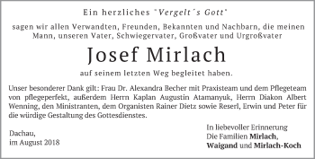 Traueranzeige von Josef Mirlach von merkurtz