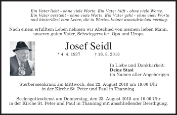 Traueranzeige von Josef Seidl von merkurtz