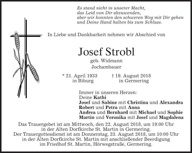  Traueranzeige für Josef Strobl vom 21.08.2018 aus merkurtz