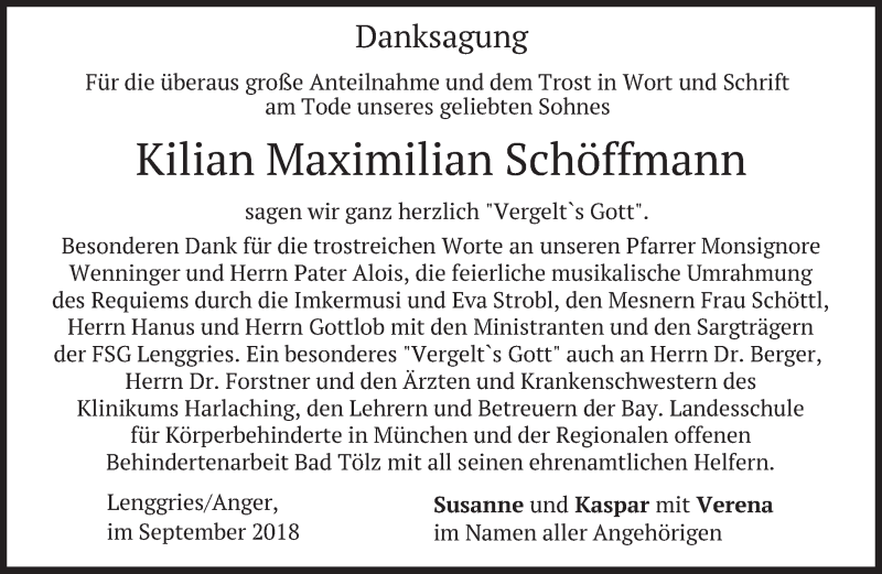  Traueranzeige für Kilian Maximilian Schöffmann vom 01.09.2018 aus merkurtz