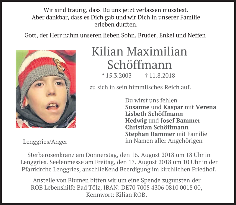  Traueranzeige für Kilian Maximilian Schöffmann vom 14.08.2018 aus merkurtz