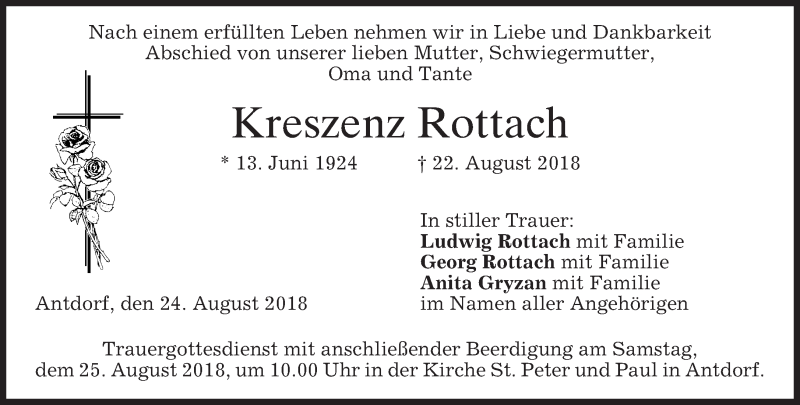  Traueranzeige für Kreszenz Rottach vom 24.08.2018 aus merkurtz