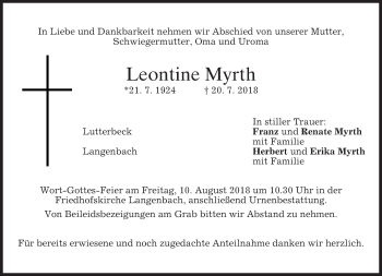 Traueranzeige von Leontine Myrth von merkurtz