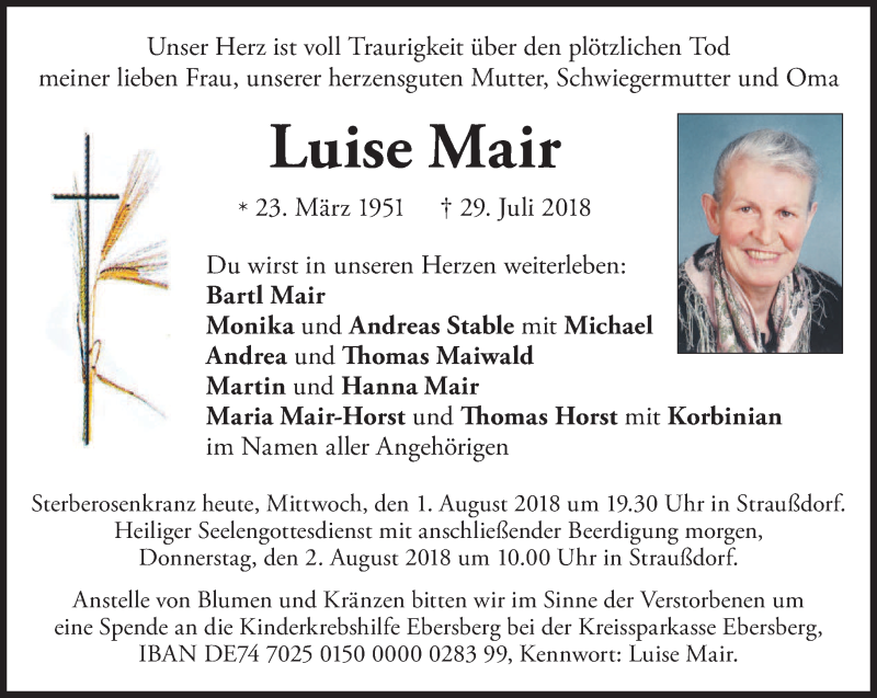  Traueranzeige für Luise Mair vom 01.08.2018 aus merkurtz