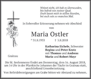 Traueranzeige von Maria Ostler von merkurtz