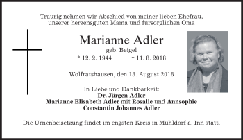 Traueranzeige von Marianne Adler von merkurtz