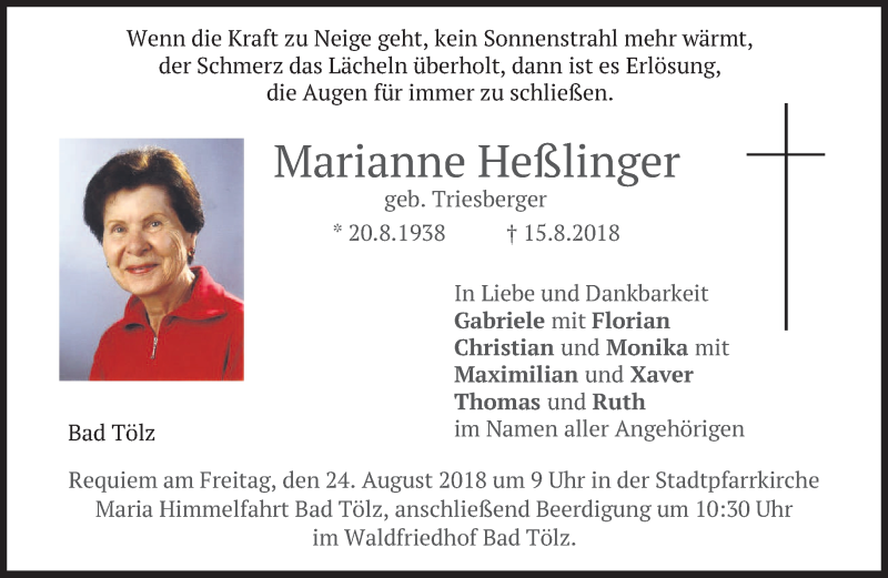 Traueranzeigen von Marianne Heßlinger | trauer.merkur.de