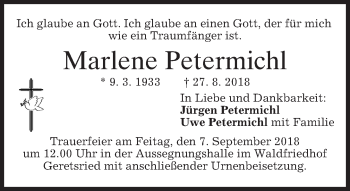 Traueranzeige von Marlene Petermichl von merkurtz