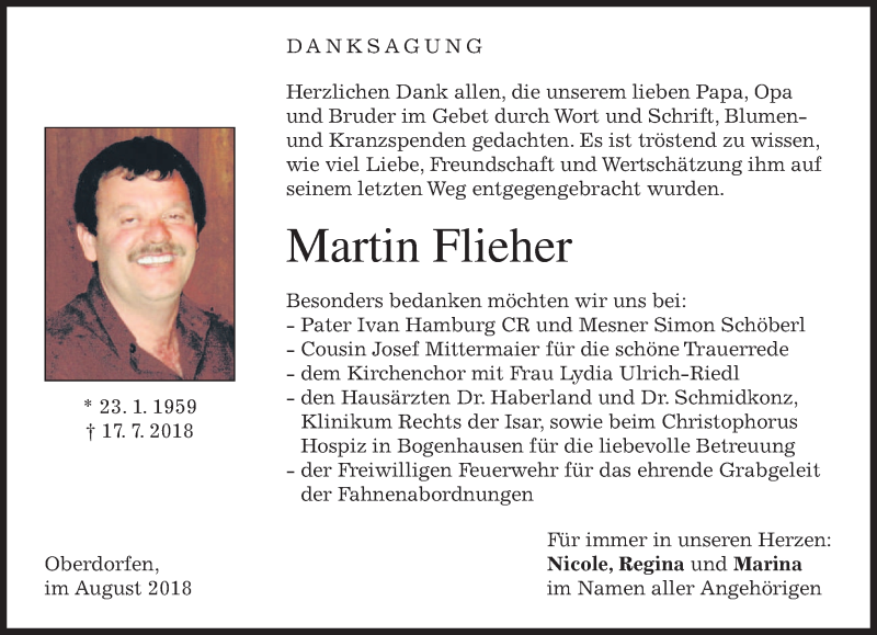  Traueranzeige für Martin Flieher vom 11.08.2018 aus merkurtz