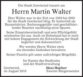 Traueranzeige von Martin Walter von merkurtz