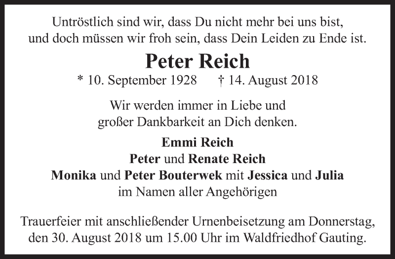  Traueranzeige für Peter Reich vom 25.08.2018 aus merkurtz