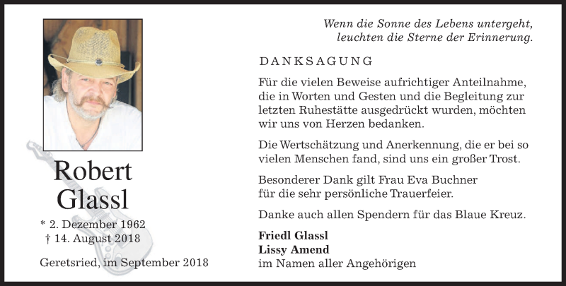  Traueranzeige für Robert Glassl vom 01.09.2018 aus merkurtz