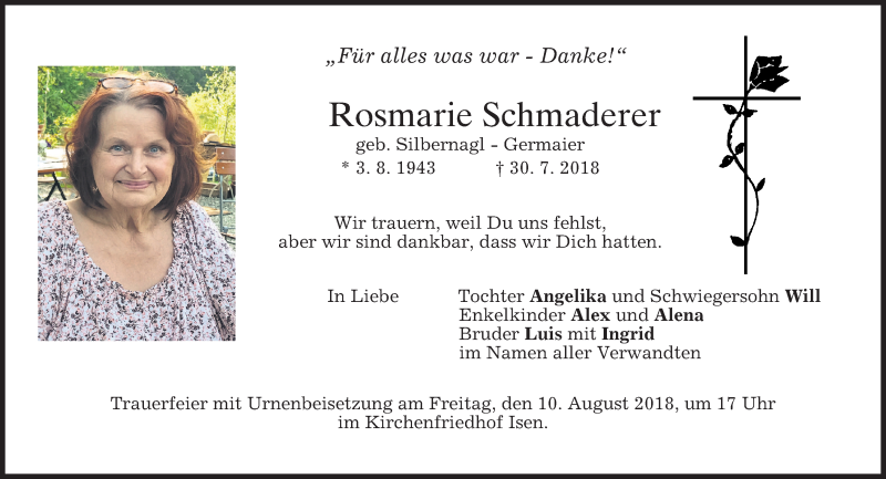  Traueranzeige für Rosmarie Schmaderer vom 08.08.2018 aus merkurtz