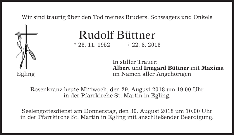  Traueranzeige für Rudolf Büttner vom 29.08.2018 aus merkurtz