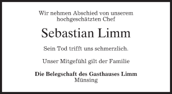 Traueranzeige von Sebastian Limm von merkurtz
