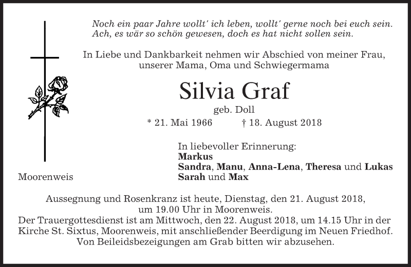  Traueranzeige für Silvia Graf vom 21.08.2018 aus merkurtz
