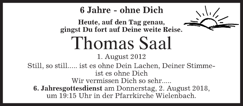  Traueranzeige für Thomas Saal vom 01.08.2018 aus merkurtz