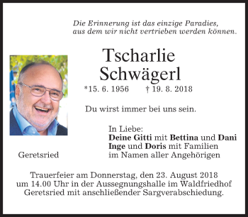 Traueranzeige von Tscharlie Schwägerl von merkurtz