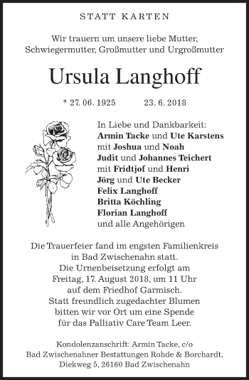 Traueranzeige von Ursula Langhoff von merkurtz