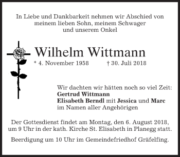 Traueranzeige von Wilhelm Wittmann