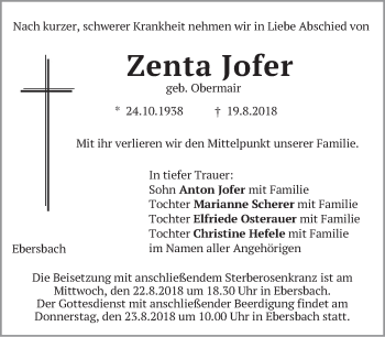 Traueranzeige von Zenta Jofer von merkurtz