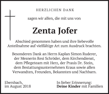Traueranzeige von Zenta Jofer von merkurtz