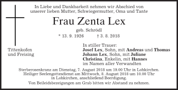 Traueranzeige von Zenta Lex von merkurtz