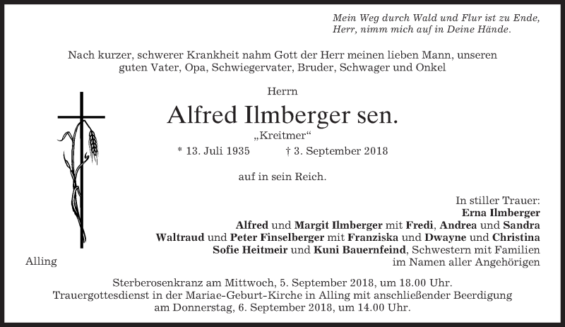  Traueranzeige für Alfred Ilmberger vom 05.09.2018 aus merkurtz