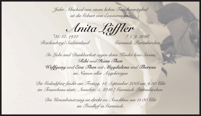  Traueranzeige für Anita Löffler vom 08.09.2018 aus merkurtz