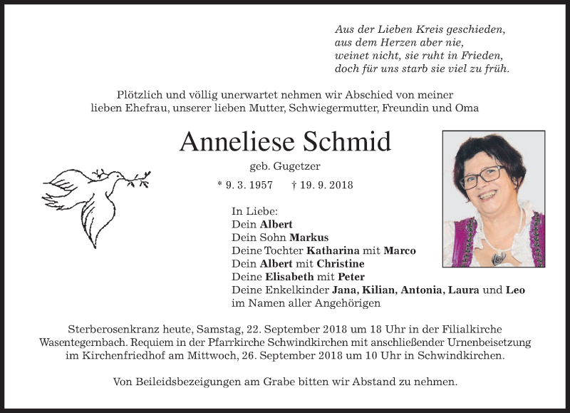  Traueranzeige für Anneliese Schmid vom 22.09.2018 aus merkurtz