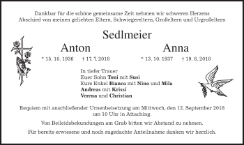 Traueranzeige von Anton und Anna Sedlmeier von merkurtz