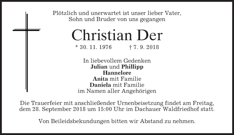  Traueranzeige für Christian Der vom 22.09.2018 aus merkurtz