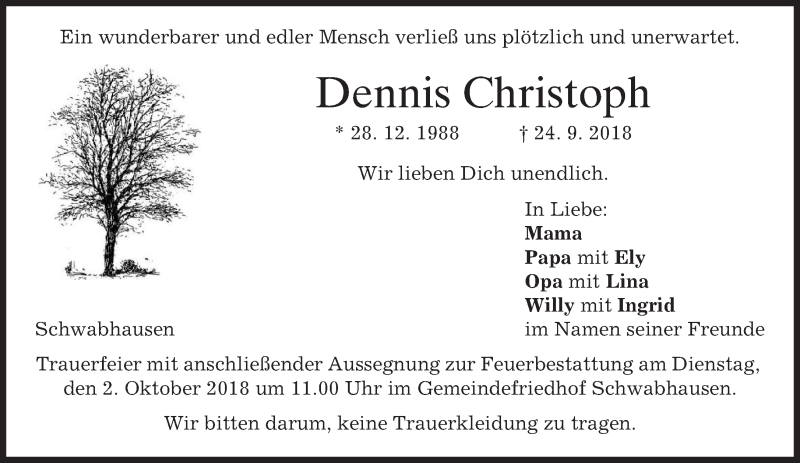  Traueranzeige für Dennis Christoph vom 29.09.2018 aus merkurtz