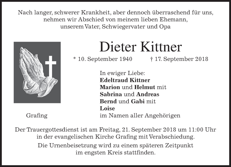  Traueranzeige für Dieter Kittner vom 19.09.2018 aus merkurtz