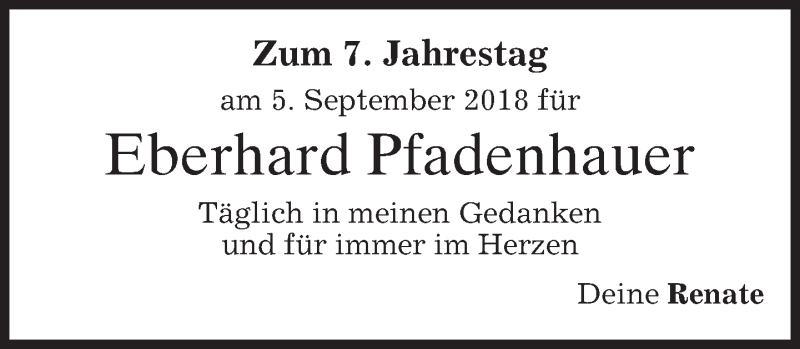  Traueranzeige für Eberhard Pfadenhauer vom 05.09.2018 aus merkurtz